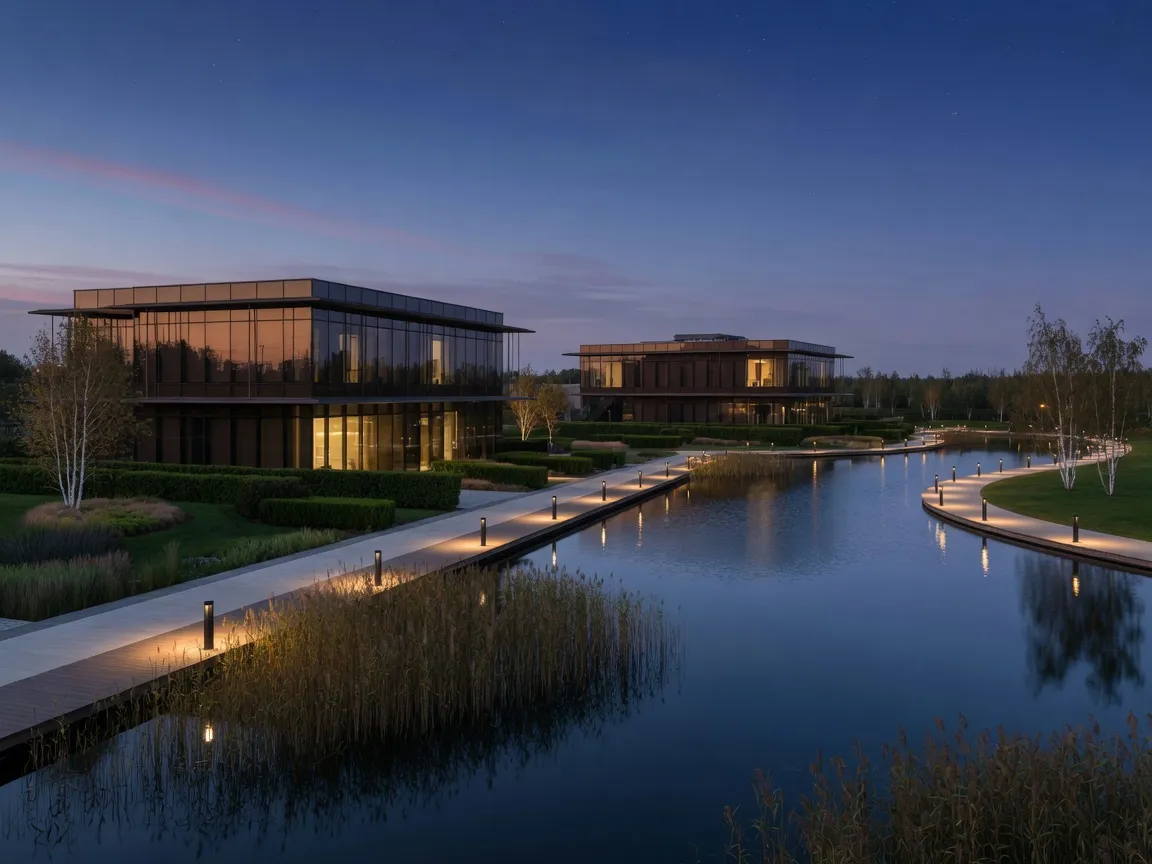 Glass office pavilions beside an ornamental lake at dusk