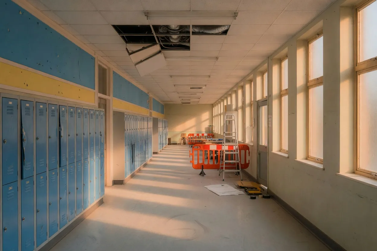 Empty school corridor with a barriered work zone beneath an open ceiling