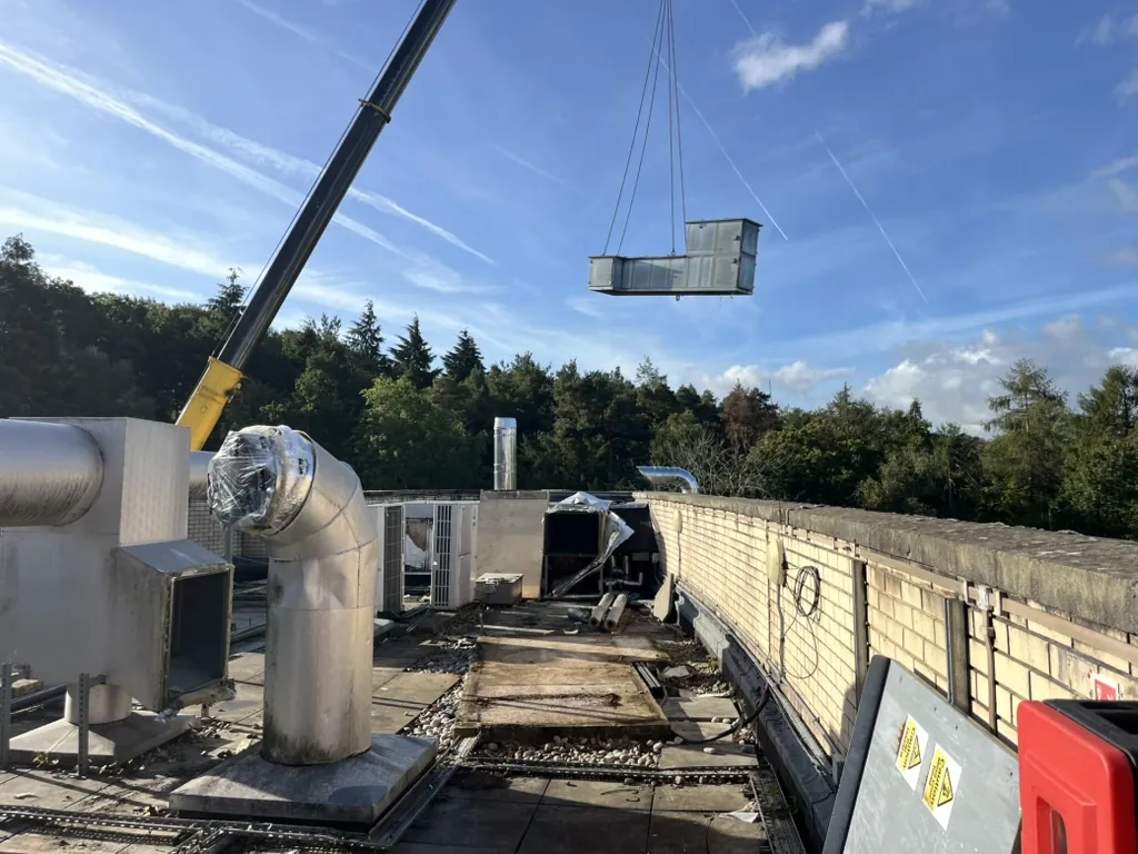 The roof plant area with a redundant unit lifted clear overhead