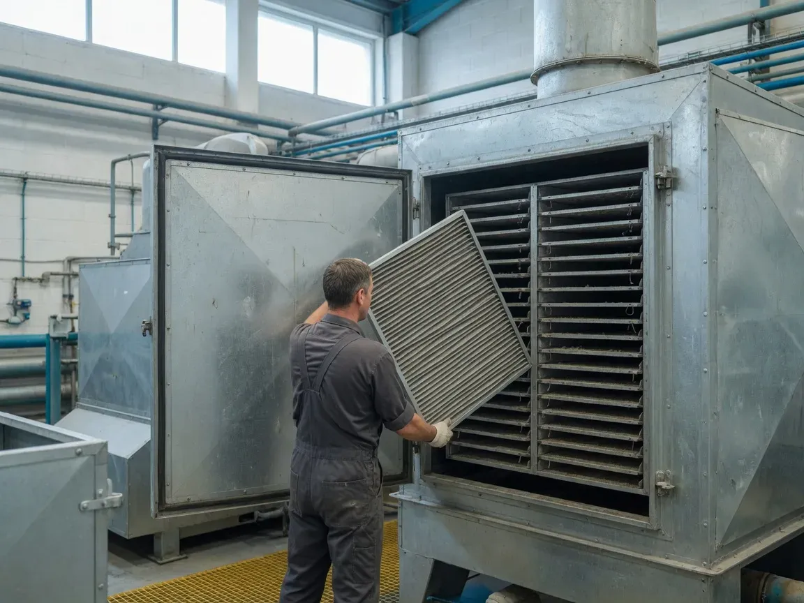 Loaded filter panel being withdrawn from an air handling unit filter bank