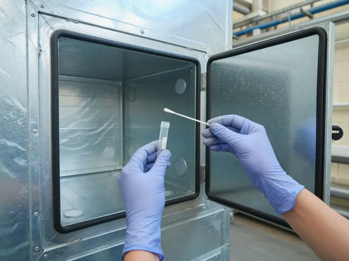 Swab sample being taken inside an air handling unit chamber