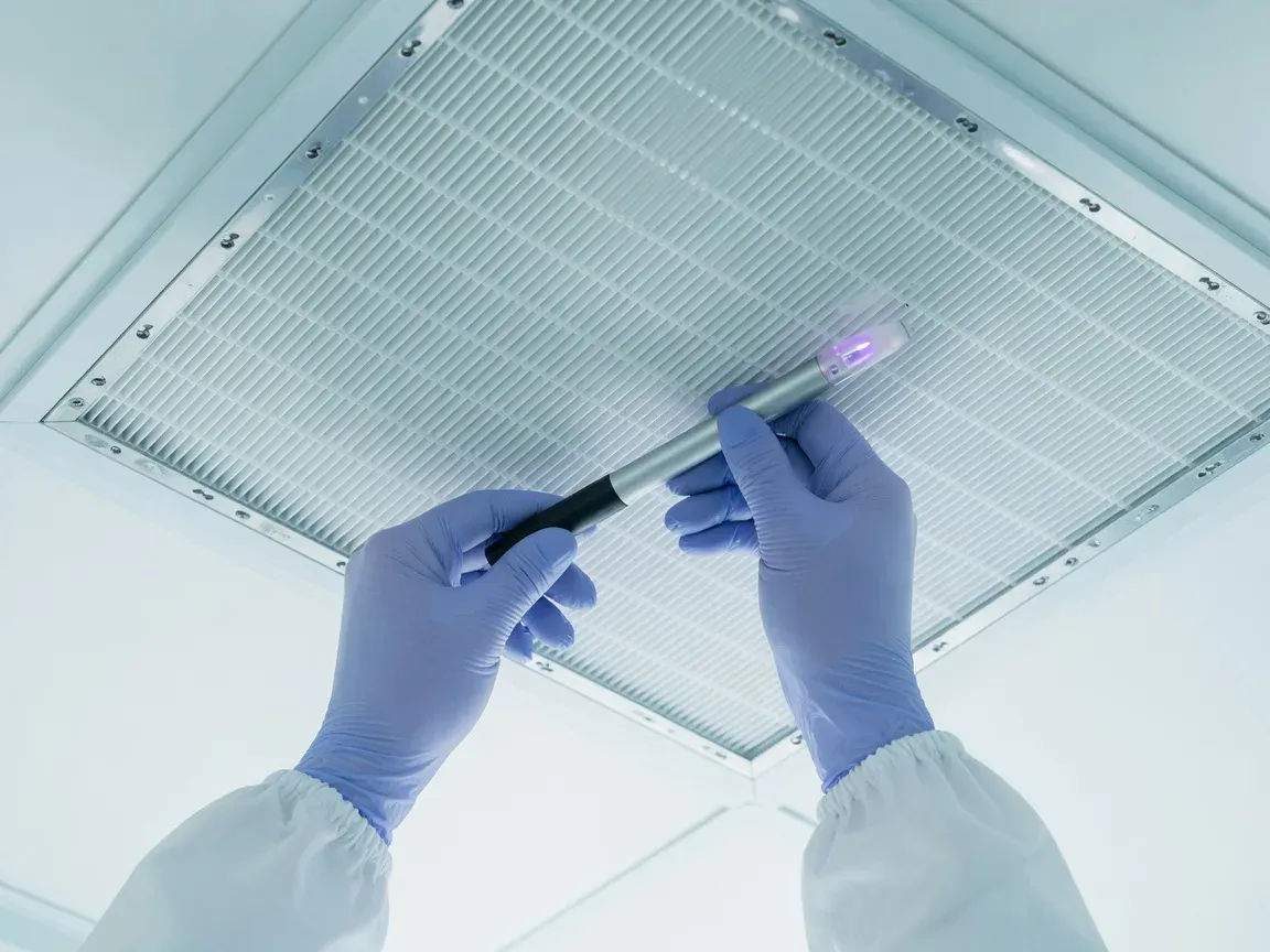 HEPA filter face being scanned with a test probe in a cleanroom