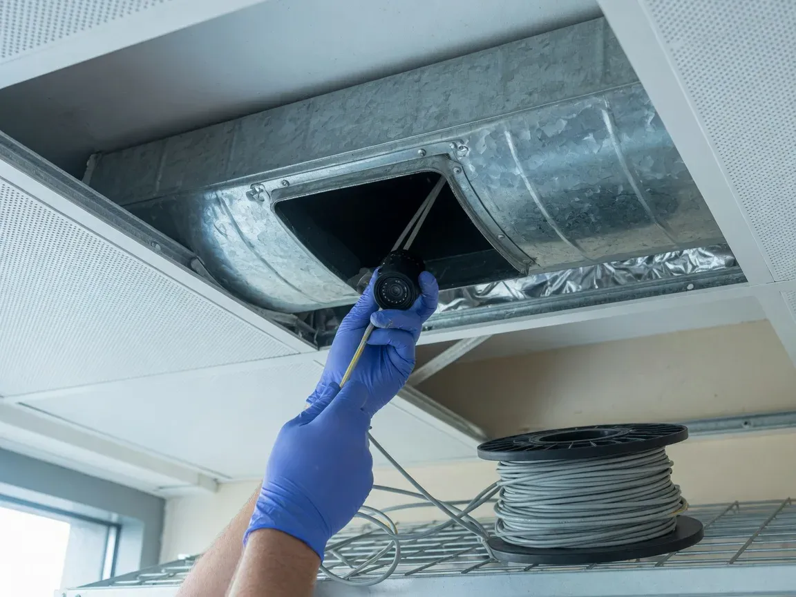 Inspection camera being guided into a ceiling ductwork access hatch