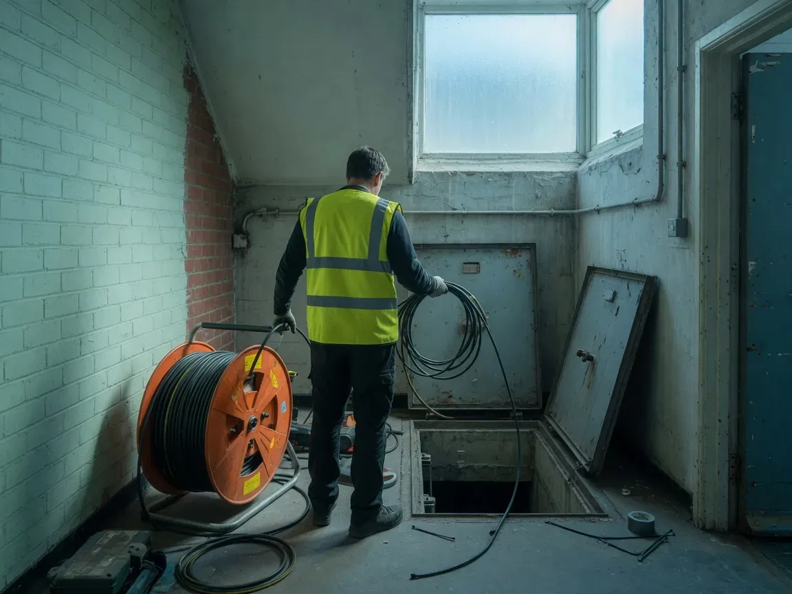 Engineer working a camera reel at an open riser hatch