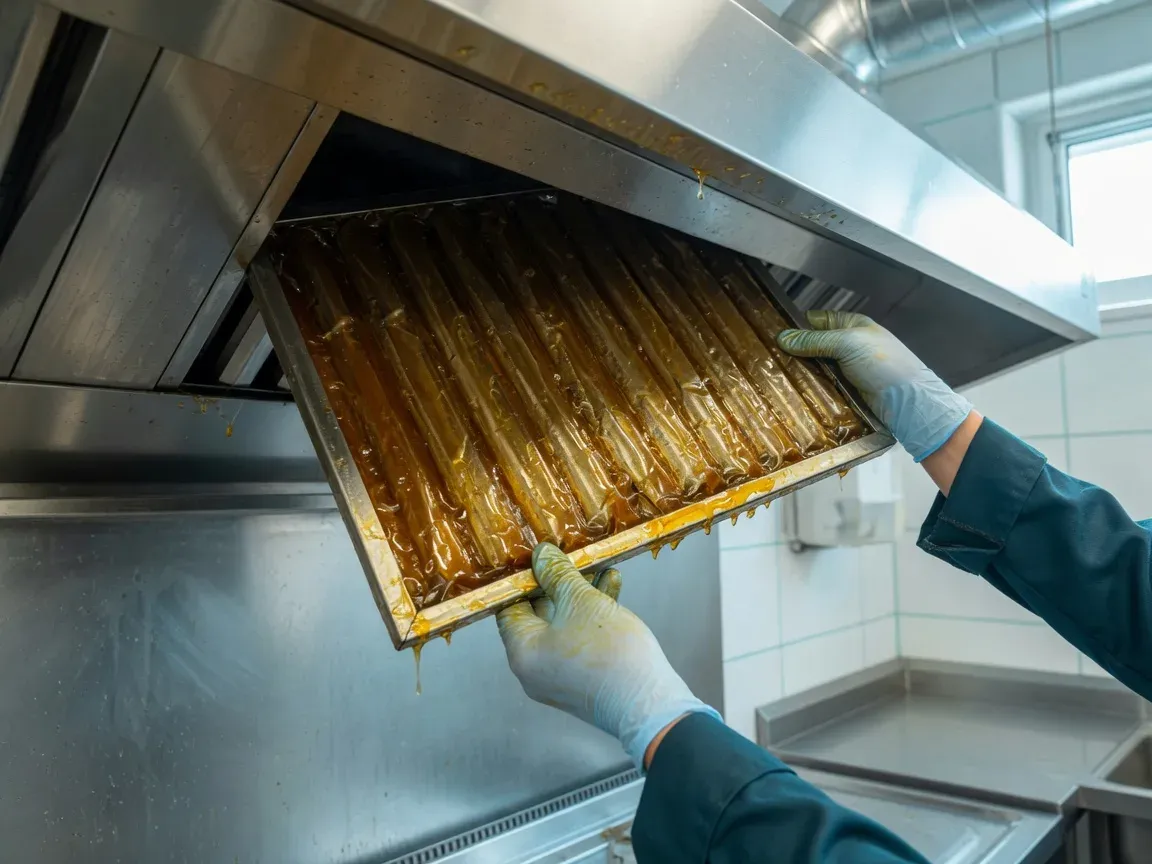 Grease-coated baffle filter being lifted from a kitchen extract canopy