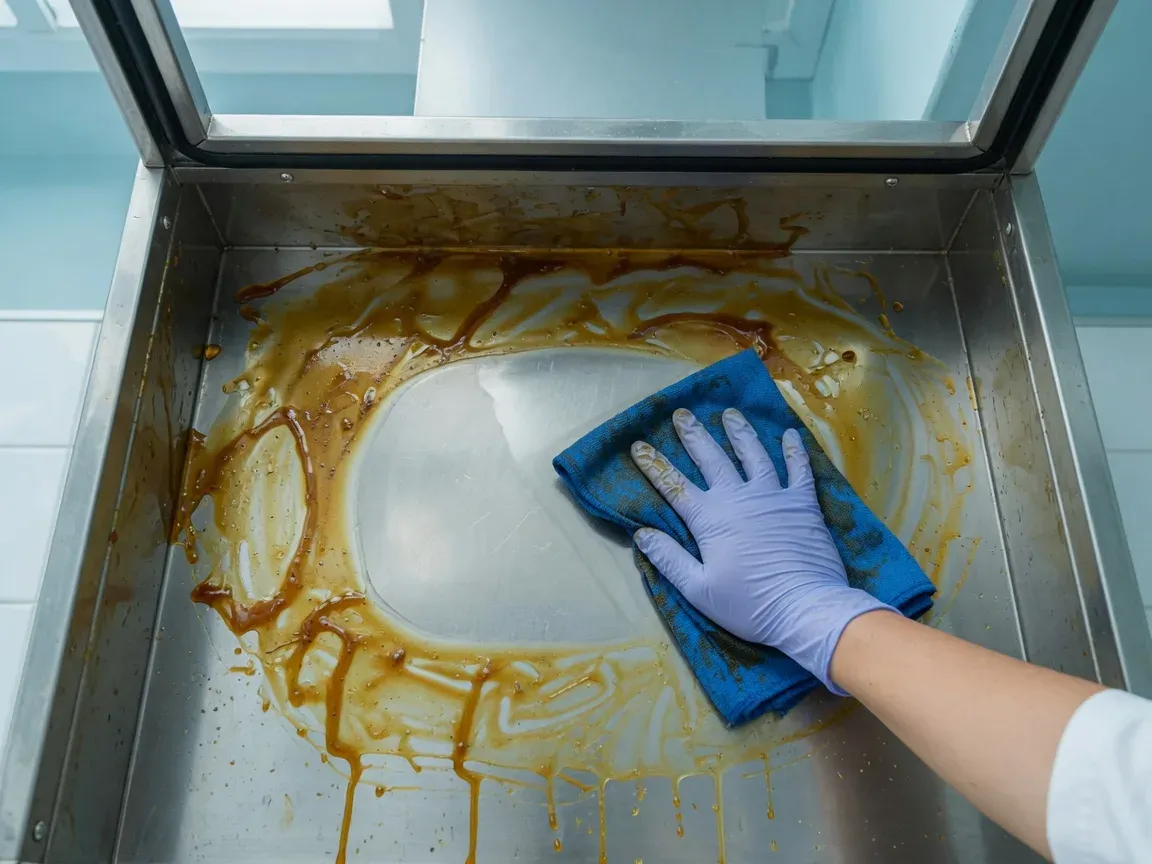 Gloved hand degreasing the inside of a kitchen extract canopy