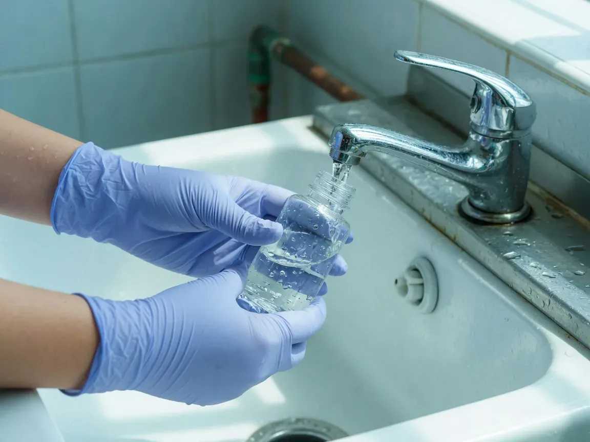 Sterile sample bottle being filled from an outlet for legionella analysis