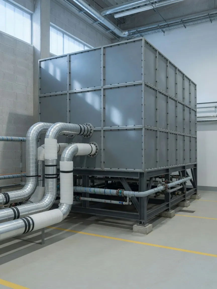 Sectional cold water storage tank in a commercial plant room