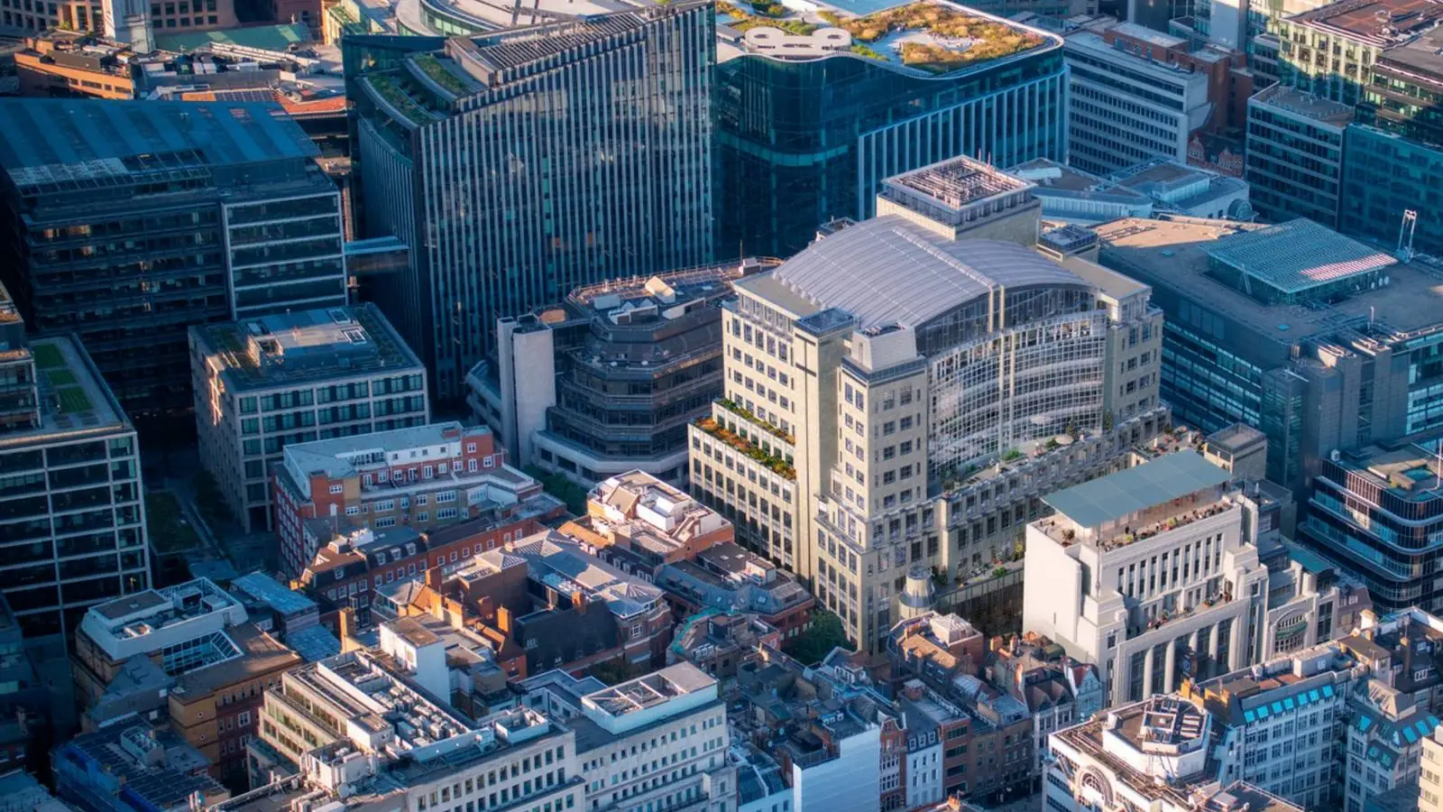 Aerial view of Peterborough Court, the barrel-roofed former Daily Telegraph building on Fleet Street, with Daniel House beside it in the City of London