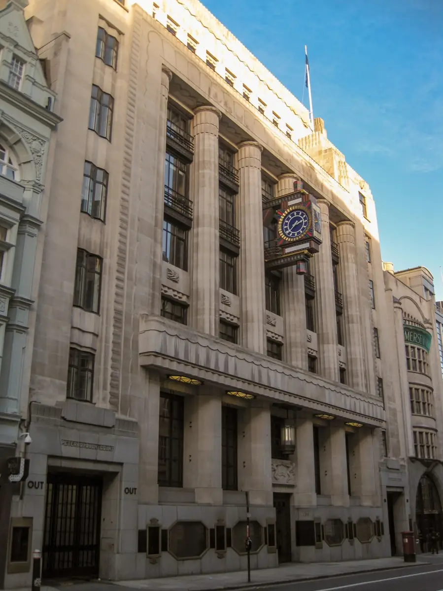 Peterborough Court on Fleet Street: the Portland stone Art Deco facade of the former Daily Telegraph building with its coloured clock