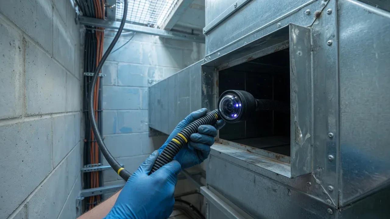 Inspection camera being fed into an open ductwork access point
